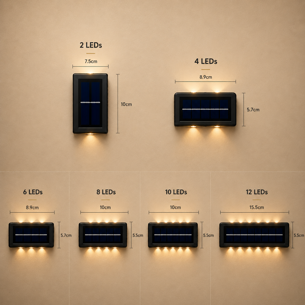 Solar LED Outdoor Wall Light | Up & Down Glow | 2–12 LEDs | Waterproof