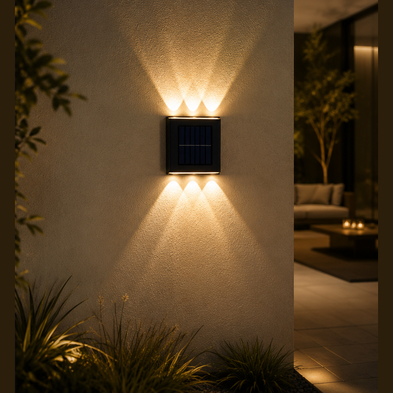 Solar wall light fixture on a wall with outdoor setting