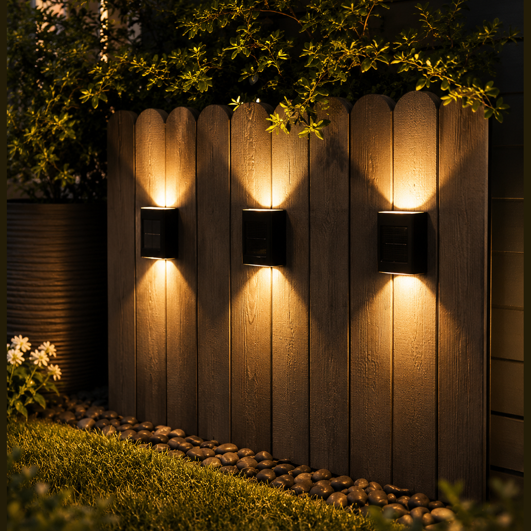 Wooden fence with three wall-mounted lights casting a warm glow in a garden setting.