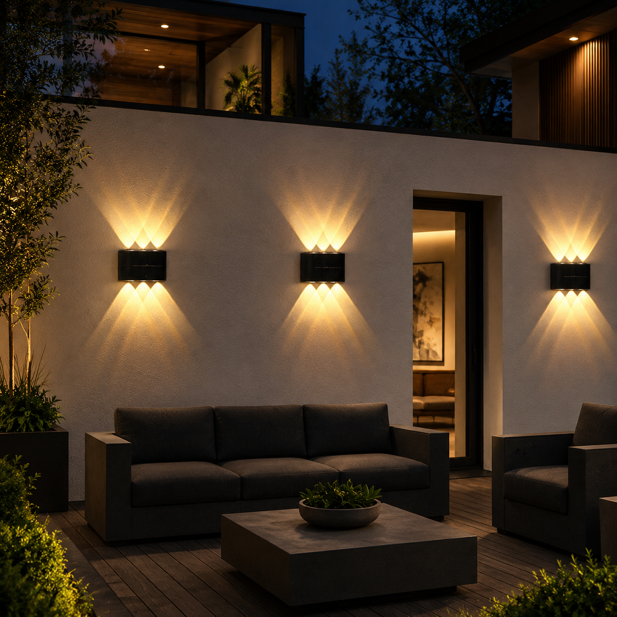 Modern outdoor living space with wall lights and a sofa at night.